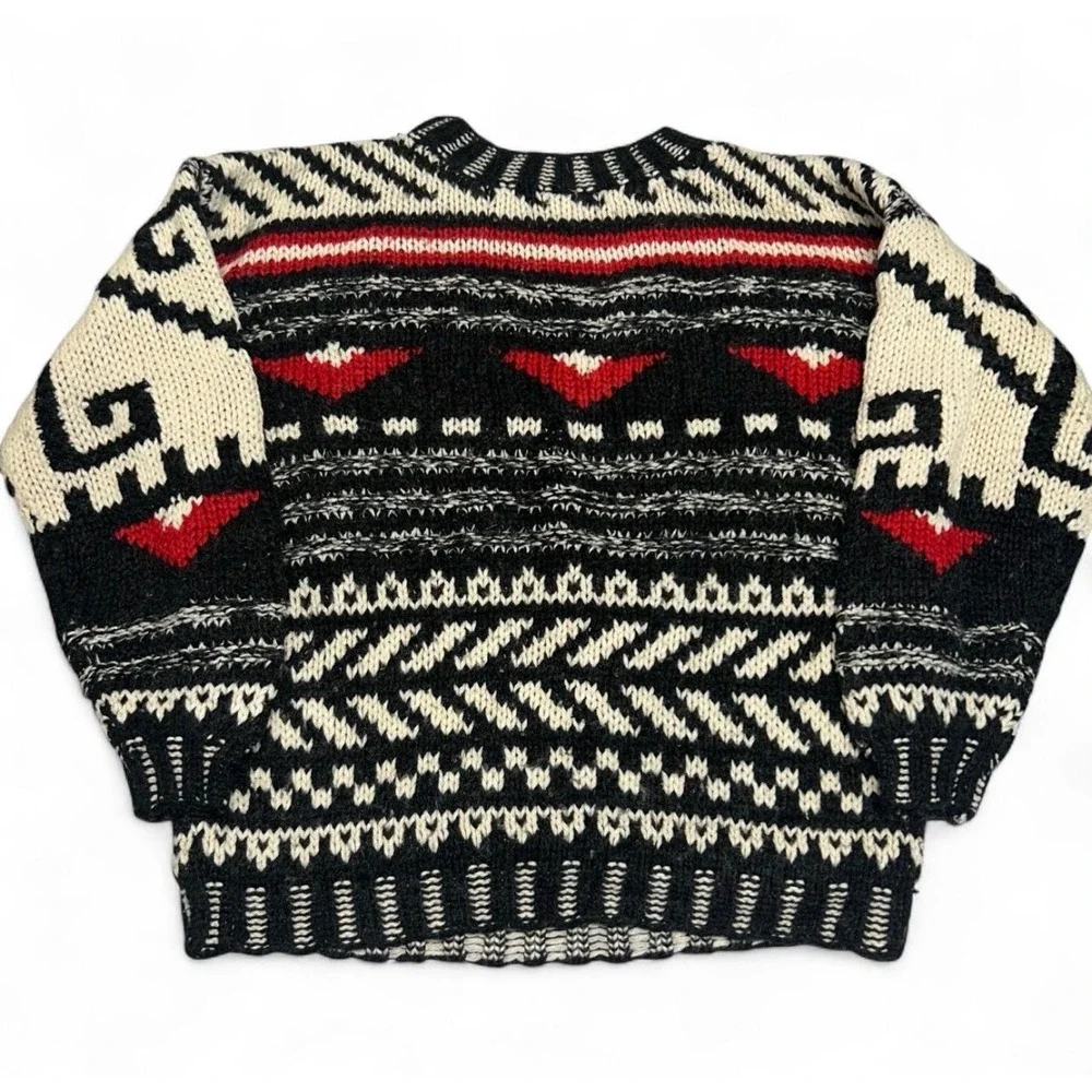 Flexible Vintage Chunky Knit Geometric Tribal Sweater Black Red White Mens M